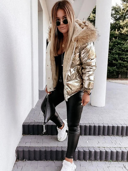 Damen Winterjacke Metallic Puffer mit Kapuze und Kunstpelz