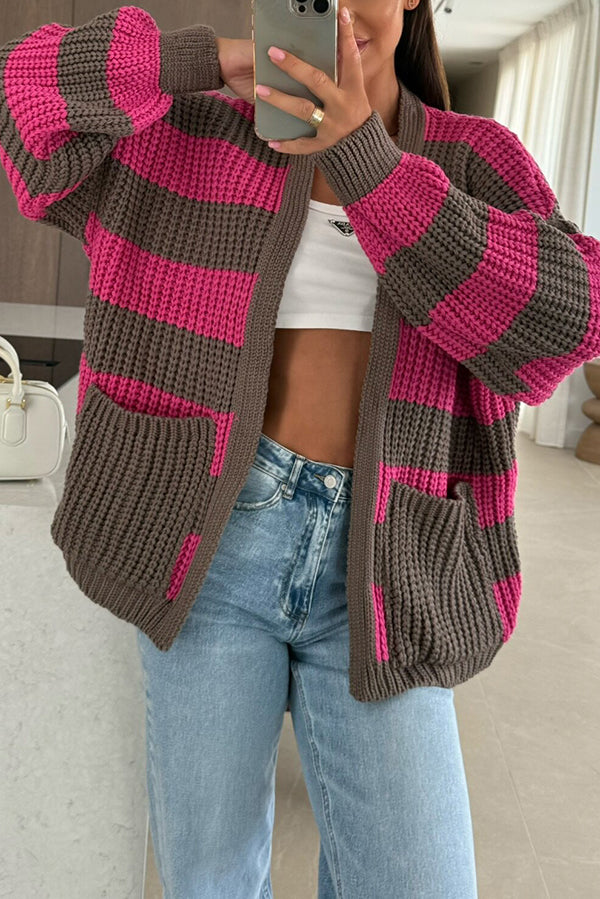 Damen Strickcardigan Streifen Muster Lockere Passform - IdealeKleiden