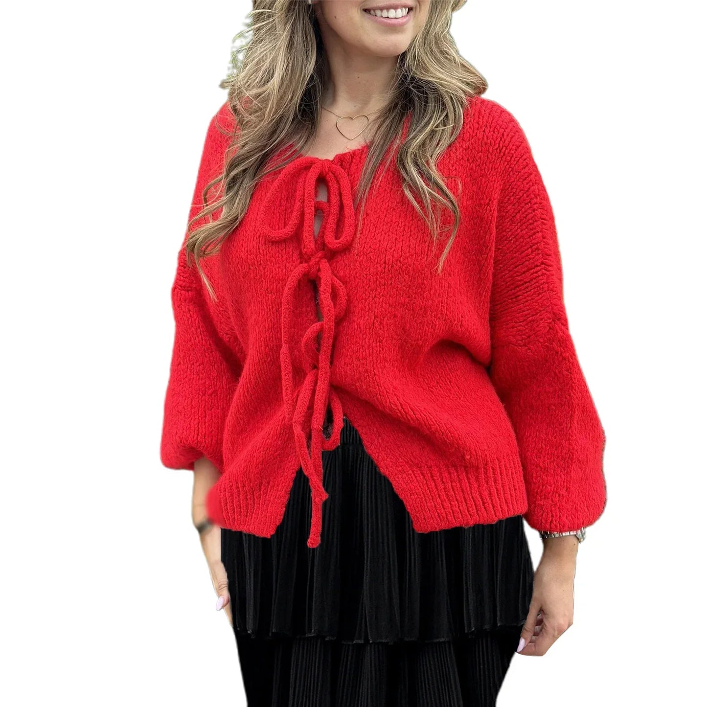 Lange Damenstrickjacke mit Bindegürtel