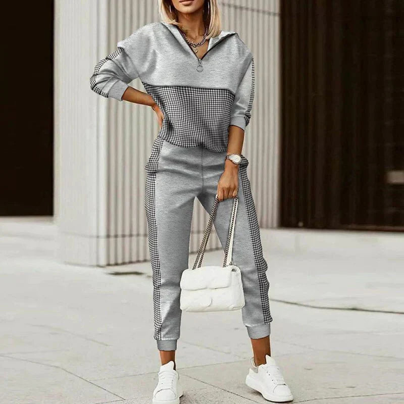 Damen Sportanzug Set Karierter Stil Langarm