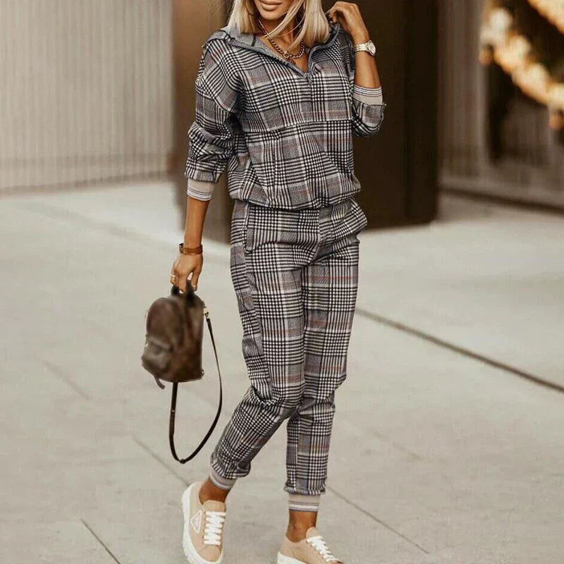 Damen Sportanzug Set Karierter Stil Langarm