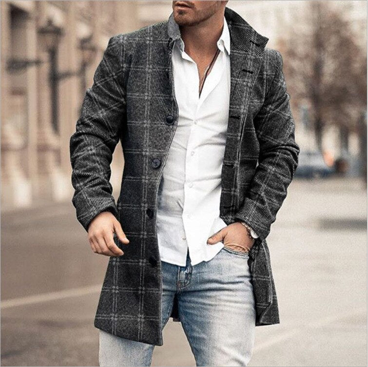 Herren Wollmantel Karo Muster Elegante Silhouette