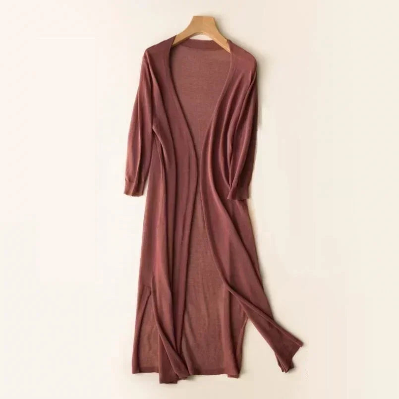 Damen Strickjacke Lang Elegant Drapé Look - IdealeKleiden