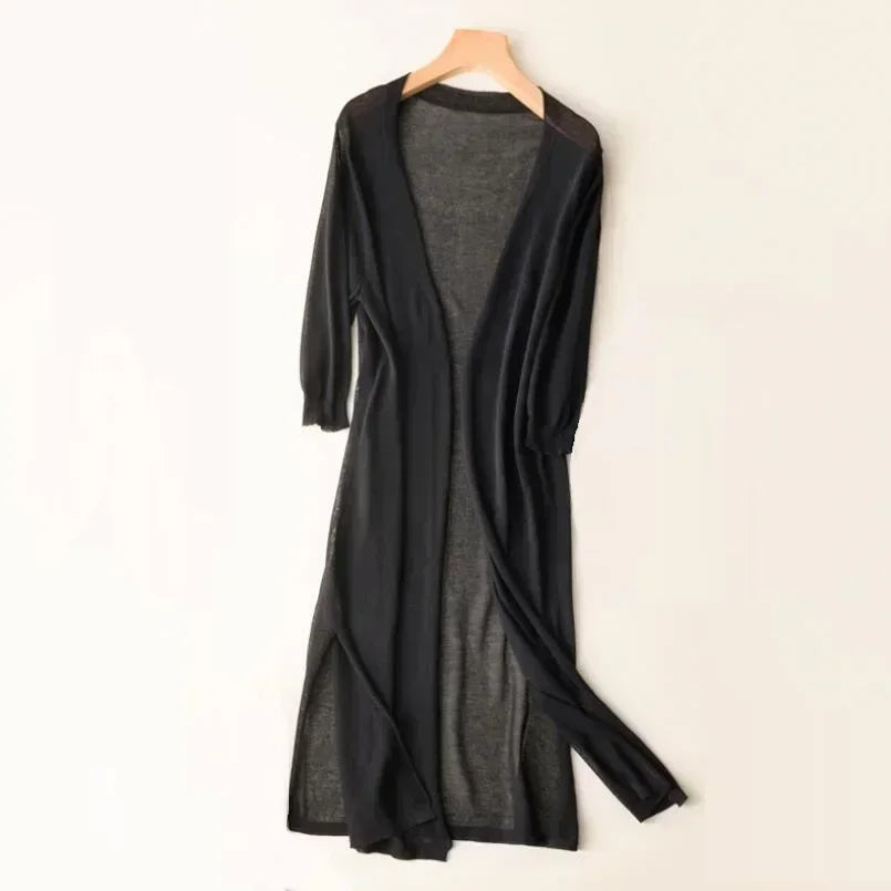 Damen Strickjacke Lang Elegant Drapé Look