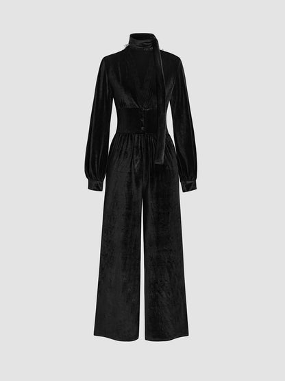 Damen Samt-Jumpsuit Elegant Schick Kragen Weite Bein