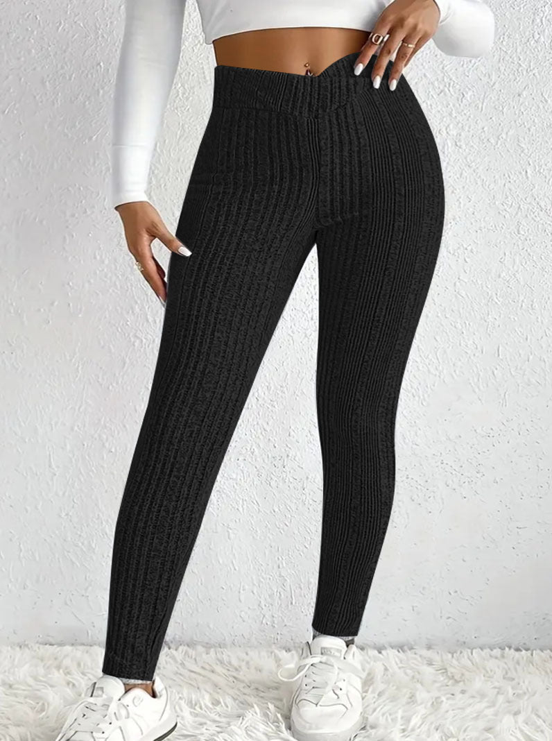 Damen Strickleggings Hoch tailliert mit Feinrippen