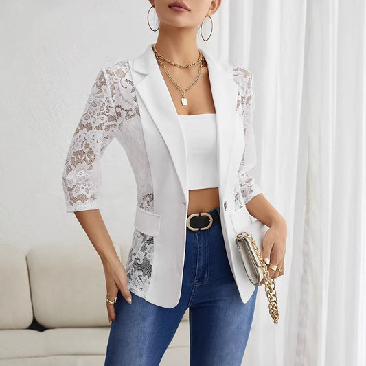 Damen Blazer Elegant Spitze Ärmel Slim Fit - IdealeKleiden