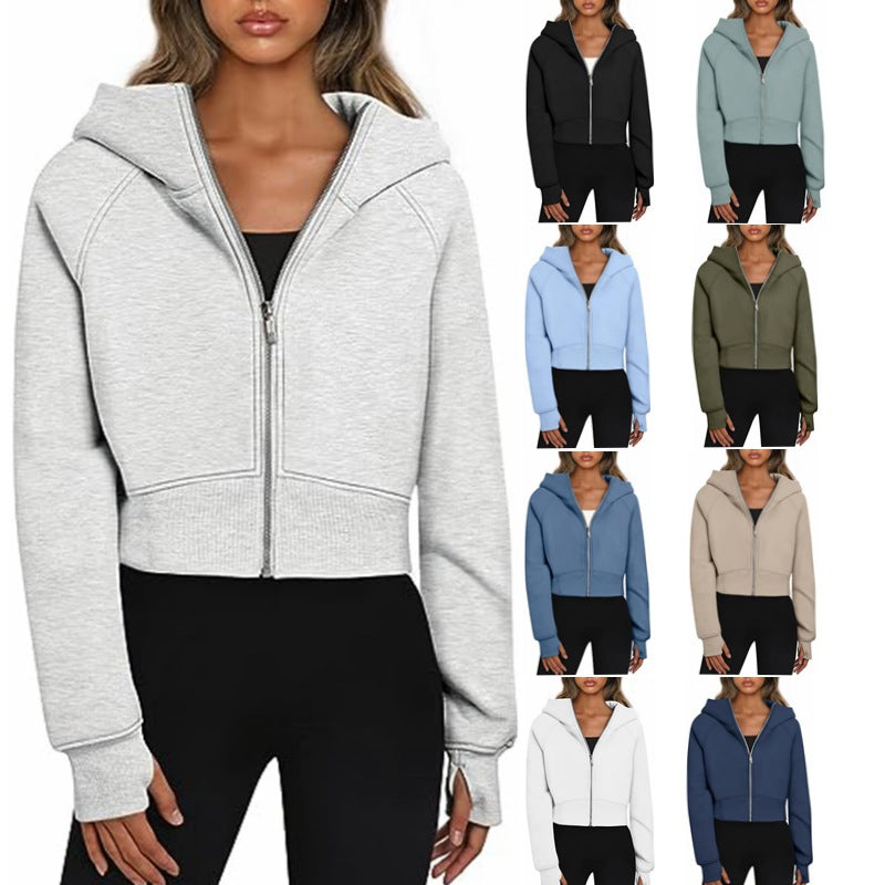 Damen Sportlich Kurzarm Kapuzenpullover Mit Reißverschluss - IdealeKleiden