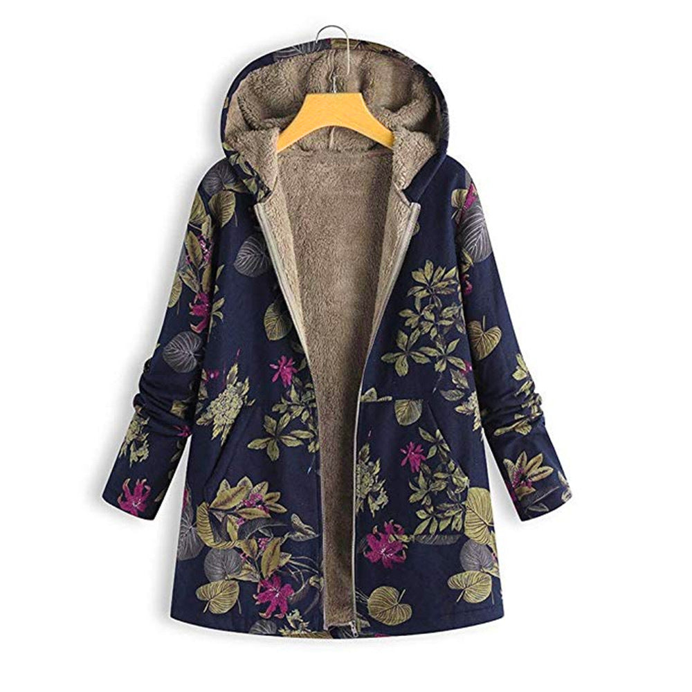 Kapuzenmantel Damen Plüschfutter Floral Design Locker Sitz