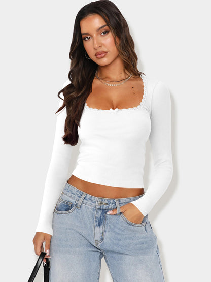 Damen Oberteil Langarm Spitze Elegant