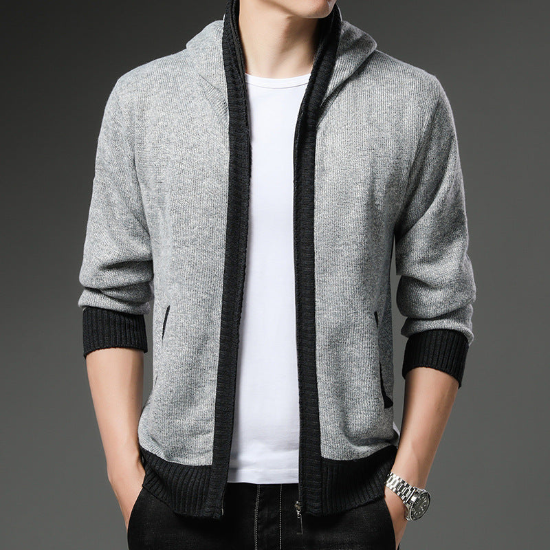 Herren Strickjacke Modern Kapuze Schwarz Weiß