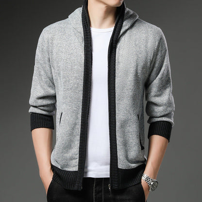 Herren Strickjacke Modern Kapuze Schwarz Weiß