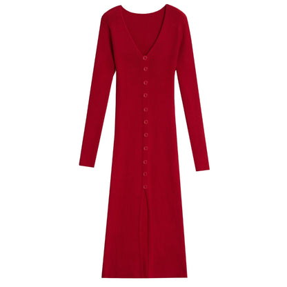 Damen Maxikleid Langarm Rippmuster Elegant Knopfdesign