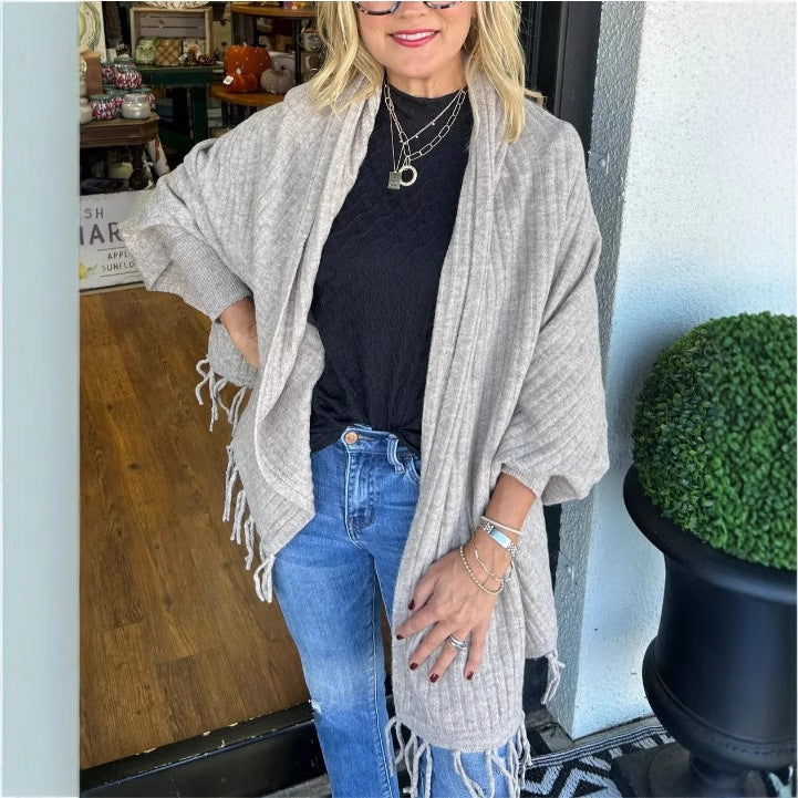 Damen Poncho Mit Fransen Elegant Überwurf - IdealeKleiden