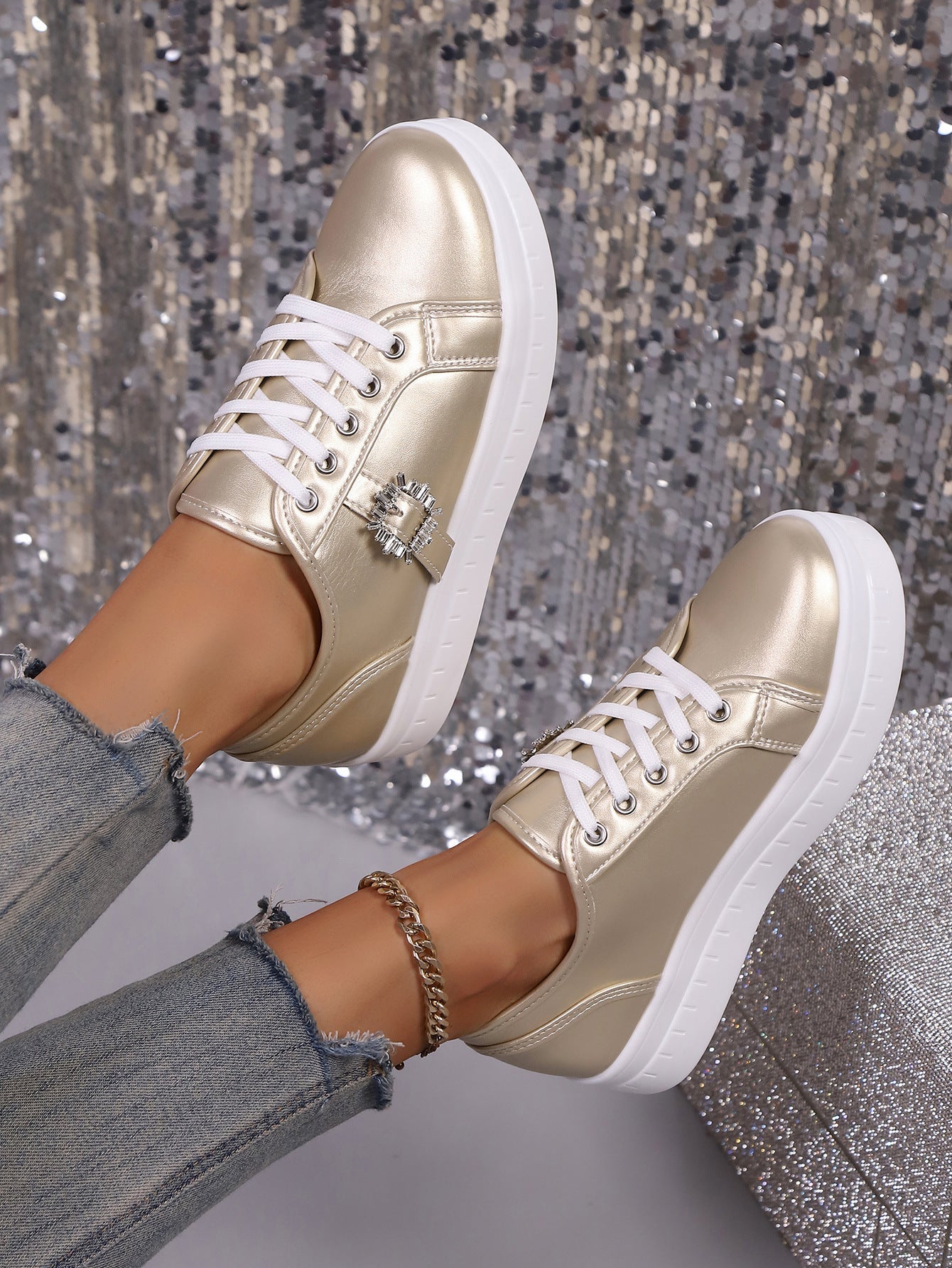Damen Plateauschuhe Glitzer Kristall Design Schuhe