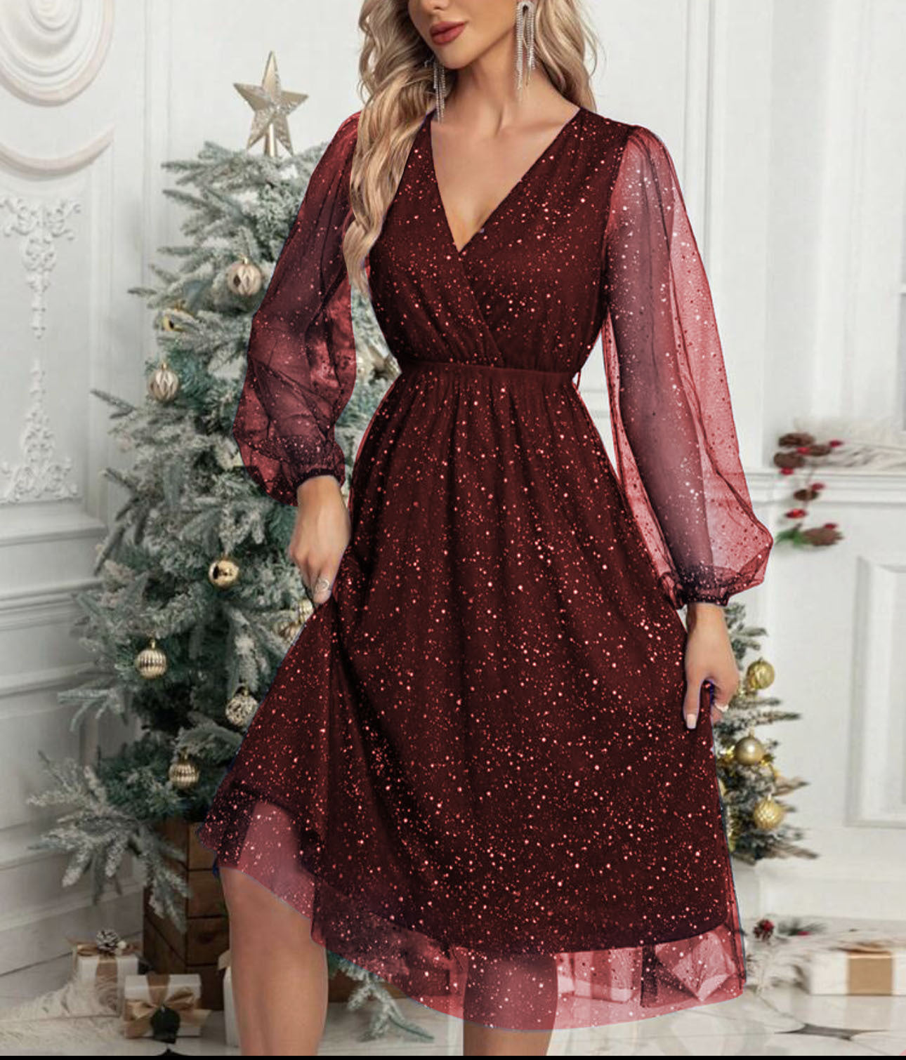 Damen Partykleid Glitter Puffärmel Abendkleid Elegant
