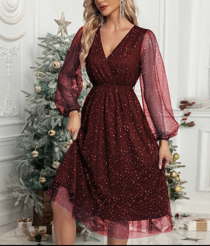 Damen Partykleid Glitter Puffärmel Abendkleid Elegant