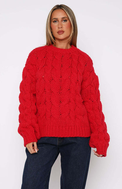 Damen Pullover Grobstrick Modern Zopfdesign
