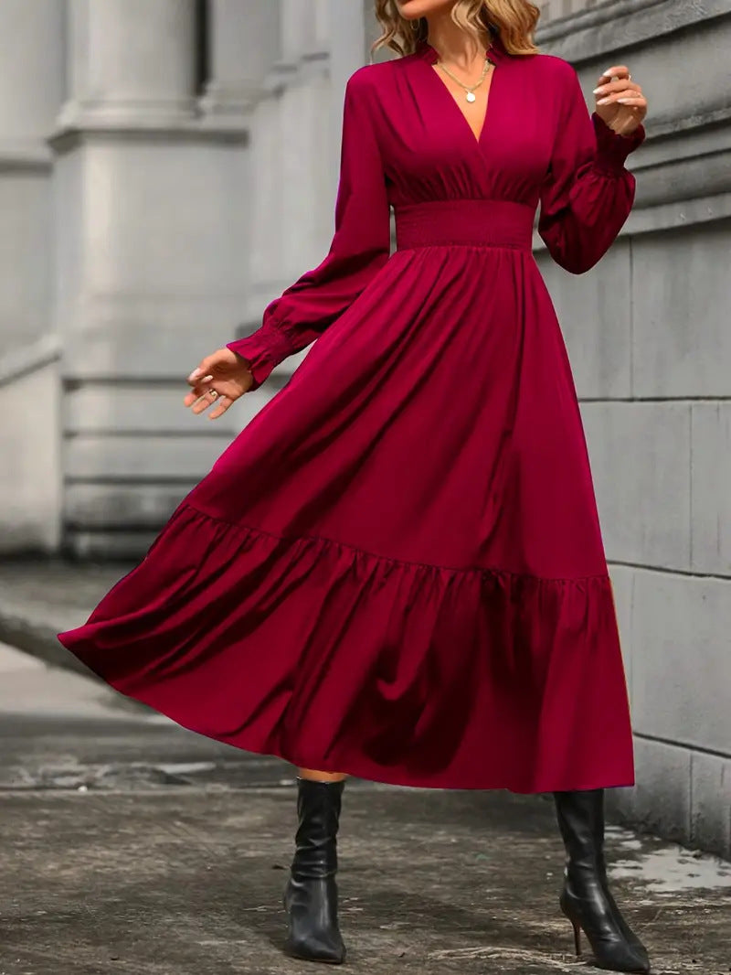 Damen Maxikleid Elegant V-Ausschnitt Locke Ärmel
