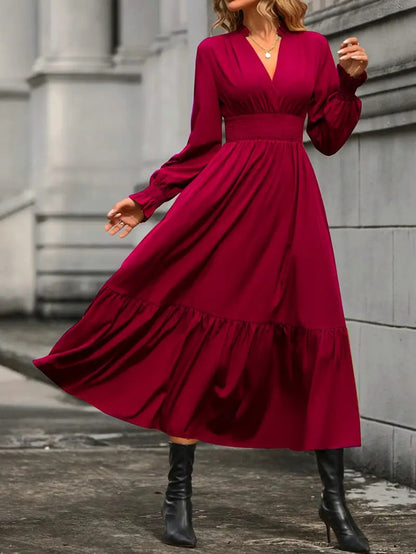 Damen Maxikleid Elegant V-Ausschnitt Locke Ärmel