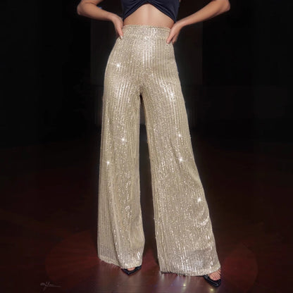Damen Hochglanz Palazzo-Hose mit Pailletten-Design - IdealeKleiden