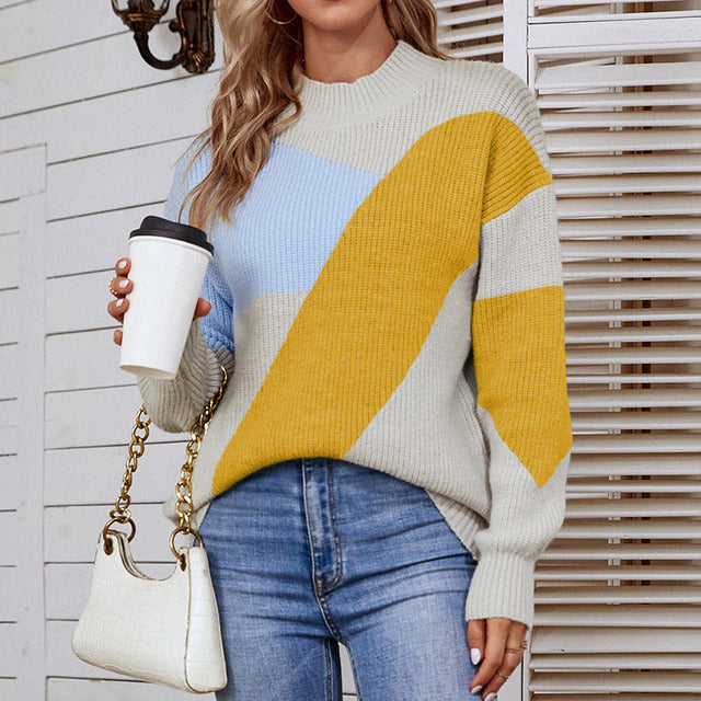 Modischer Strickpullover mit Kontraststreifen - IdealeKleiden