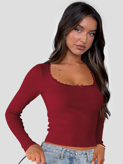 Damen Oberteil Langarm Spitze Elegant