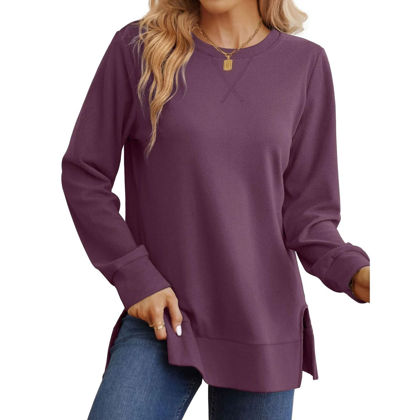 Damen Langarm Sweater Bequem Mit Seitenschlitz
