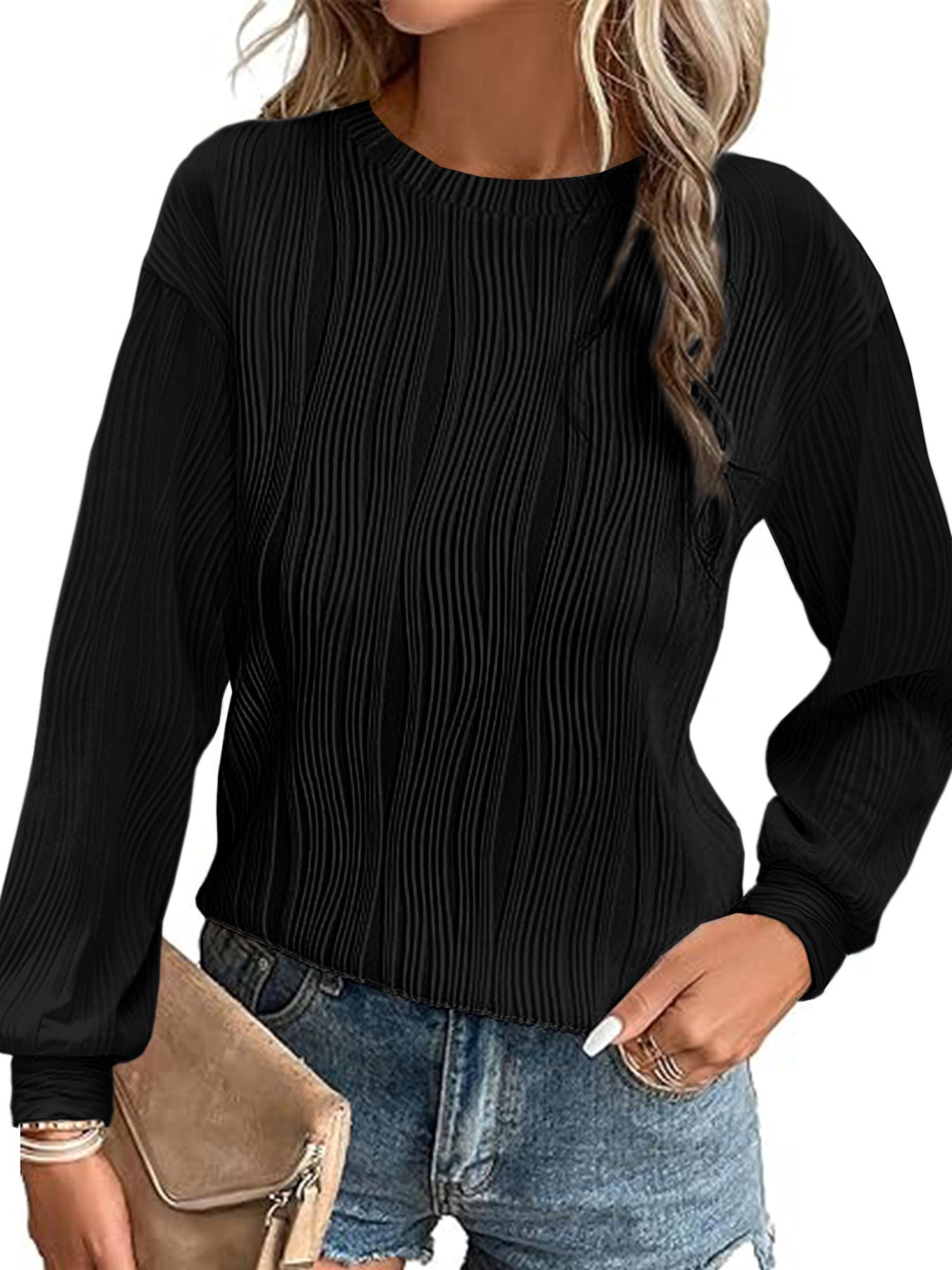 Damen Plisseepullover Langarm Elegant