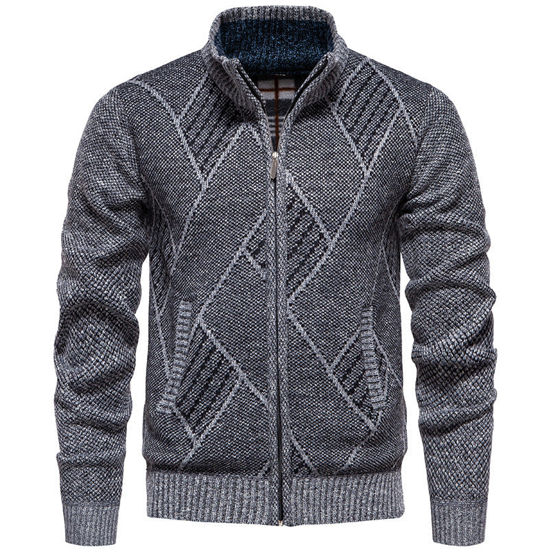 Herren Strickjacke Modern Zopf Muster Hochkragen