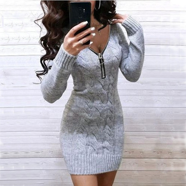 Damen Strickkleid mit Reißverschluss und Zopfmuster