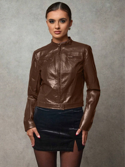 Damen Lederjacke Kurz Asymmetrisch Chic Style