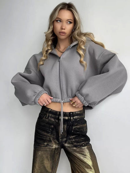 Damen Oversized Pullover mit Kapuze und Reißverschluss