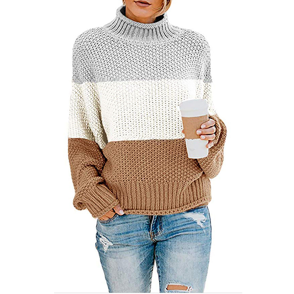 Damen Pullover Grobstrick Hochkragen Modern Farbblock