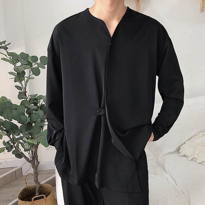 Herren Langarmshirt Elegant mit Stehkragen und Taschen
