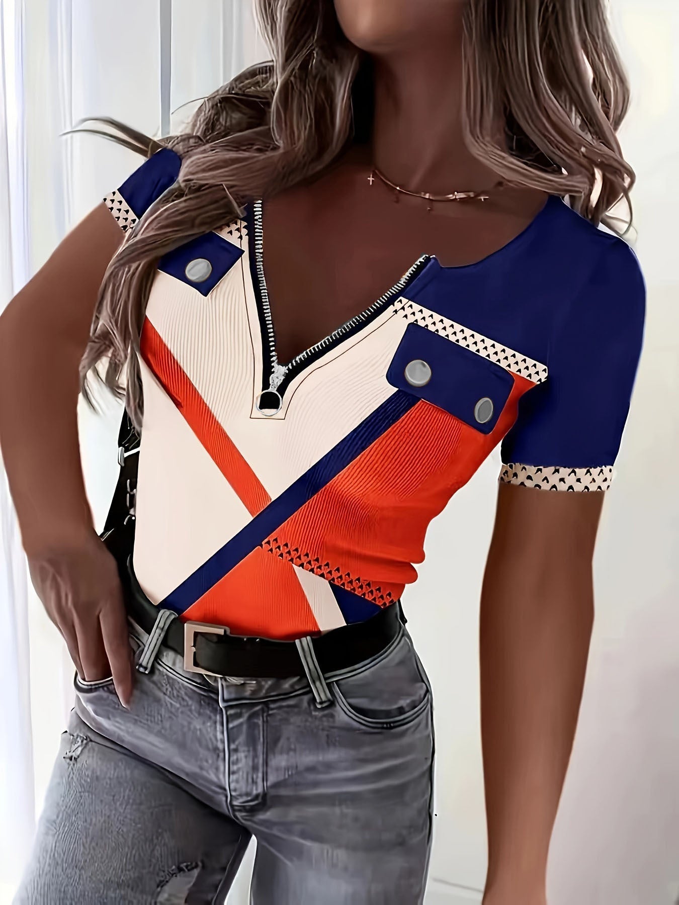 Damen Sporttop Kurzarm mit Reißverschluss und Deko-Bändchen