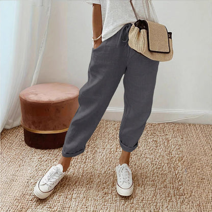 Damen Leinenhose Bequem ElastischMit Taschen - IdealeKleiden