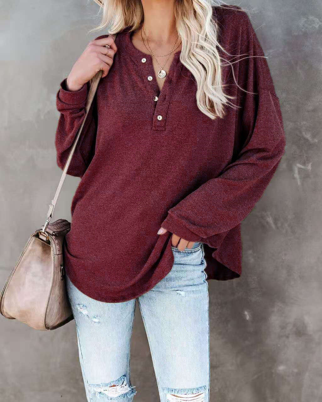 Damen Langarmshirt Lässig Knopf Detail Oberteil