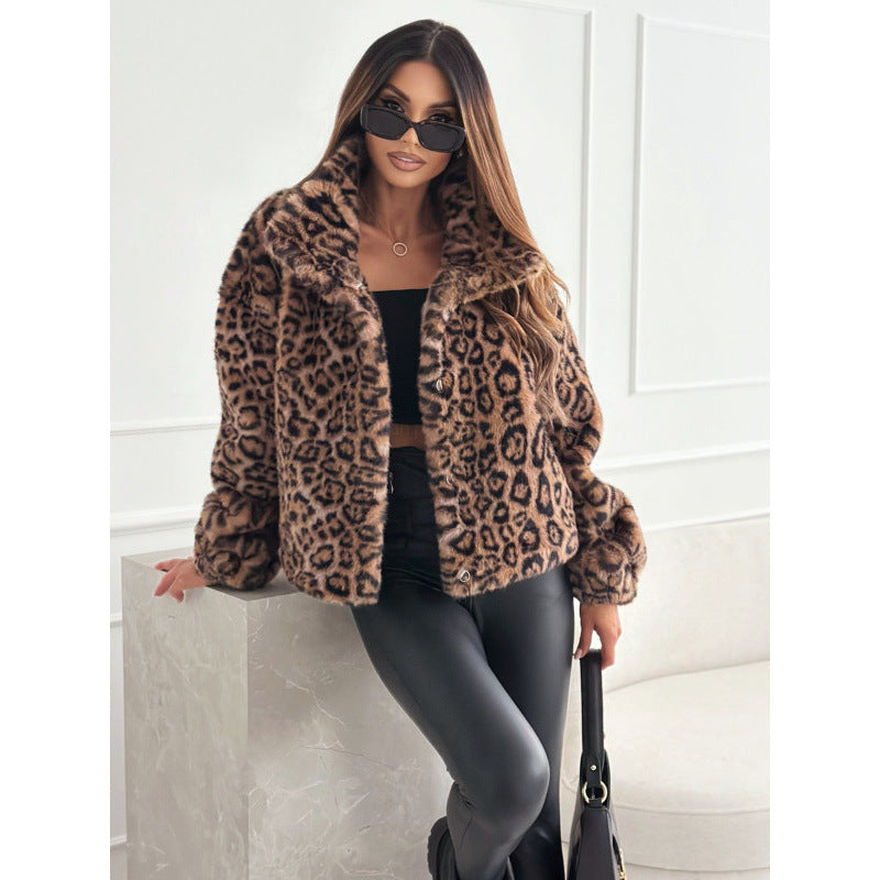 Damen Kunstpelz Leopardenmuster Jacke Elegantes Design