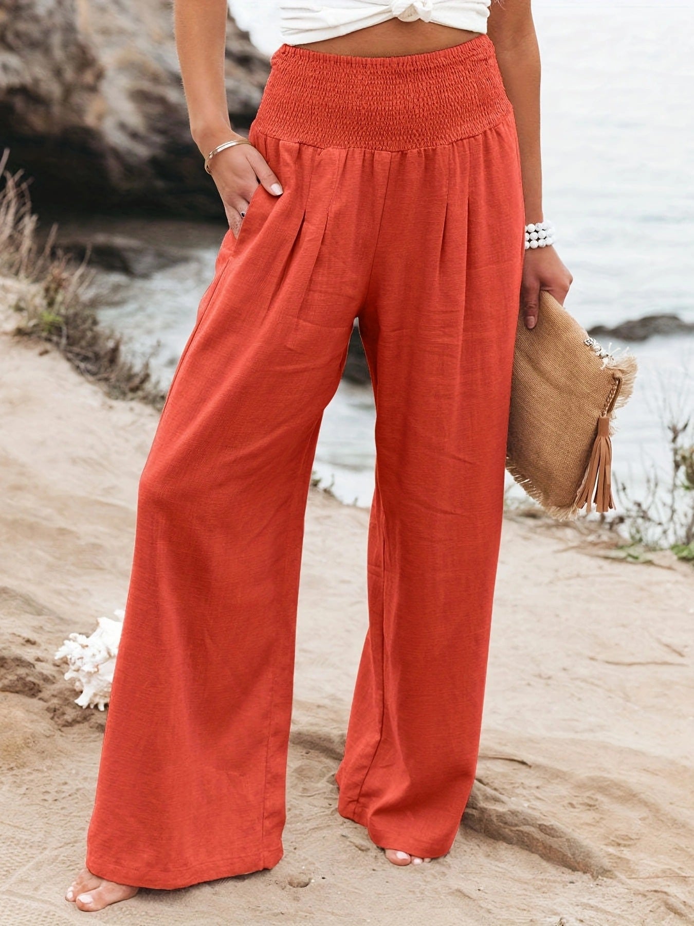 Damen Leinenhose Weit Bequem Faltenrock Effekt