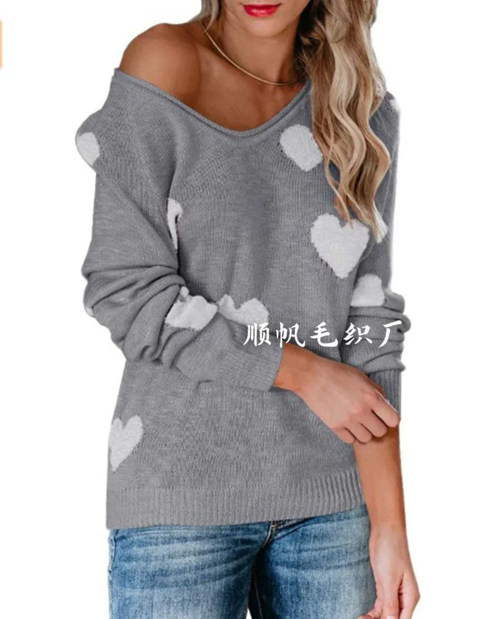 Damen Weihnachtspullover Herz Muster Festlich