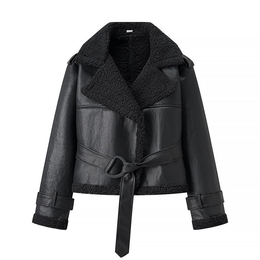 Damen Lederjacke Teddyfutter Elegant Tailliert