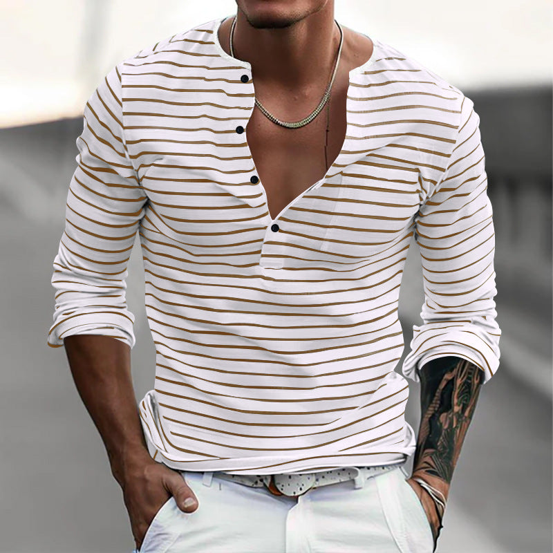 Herren Langarmshirt Streifenmuster Modern Knopfverschluss