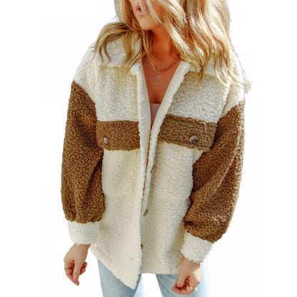 Weiche Damen Teddyjacke Kontrast Ärmel Winter