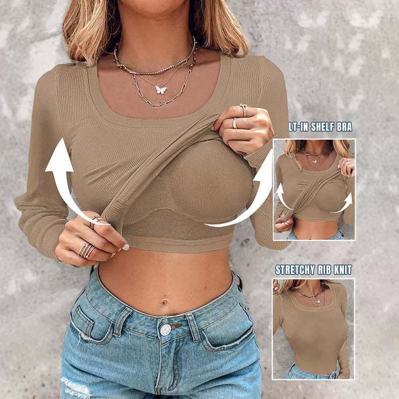 Damen Crop Top Langarm BH Einlage Stretch