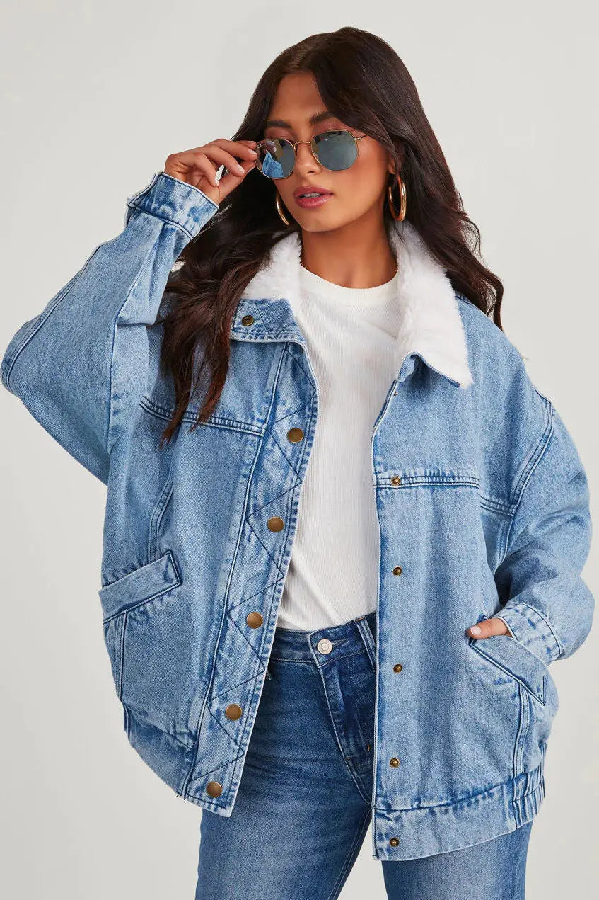 Damen Denimjacke Fleecekragen Modern und Bequem