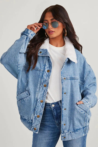 Damen Denimjacke Fleecekragen Modern und Bequem