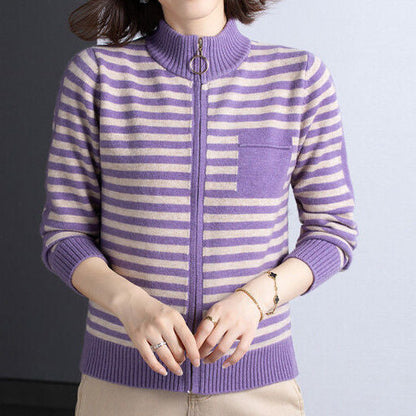 Damen Strickjacke Stehkragen Reißverschluss Elegante Outdoorjacke
