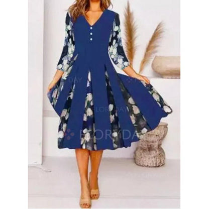 Damen Midi-Kleid V-Ausschnitt Blumenmuster Elegant