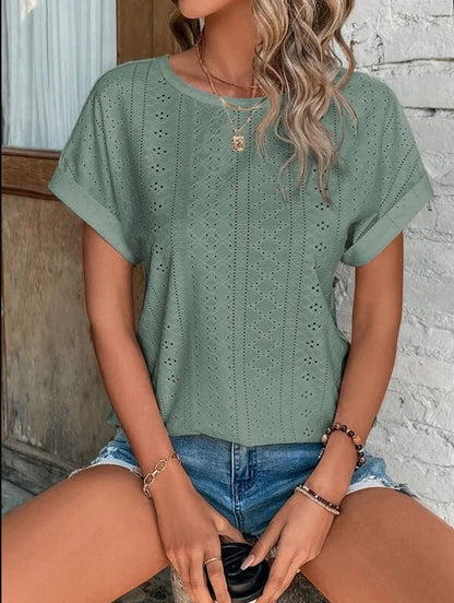 Damen Leichtes Rundhals-T-Shirt mit Lochdesign Sommer